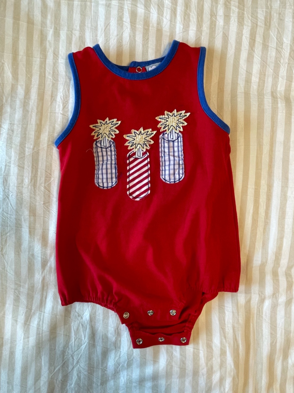 Three Sisters Red Sleeveless Romper with Firecrackers